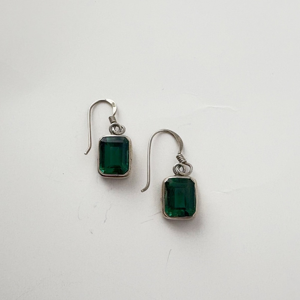 Vintage Small Sterling Silver Green Emerald Glass Earrings 925